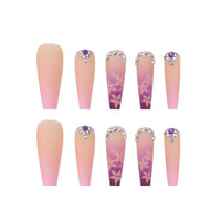 1Kit Gradient Ramp Purple Nail Tips Long Square Ballerina Luxury Nail Decoration With Rhinestones Home DIY Press On Coffin Nails - Divine Diva Beauty