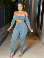 Two 2 Piece Sets Long Sleeve Crop Top Skinny Bandage Pants Matching Sets