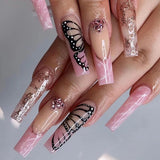 24Pcs Long Ballerina Fake Nails with Wings Pattern Full Cover Manicure Coffin False Nails Press On Nails Wearable Nail Tips