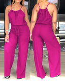 Casual solid color Linen Spaghetti Strap Belted Jumpsuit bodysuit