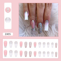 24pcs Simple French gradient long ballet False Nails Shining Crystal Butterfly Fake Nails Press on Nails