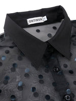 Plus Size avail Tops Rose Turn Down Collar Long Puff Sleeve See Through Organza Polka Dot Blouse shirt