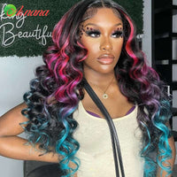 Ombre highlight Pink Blue Colored Loose Wave Hair Wig 13x6 Lace Frontal Wig Transparent 5x5 Lace Closure Human Hair Wigs