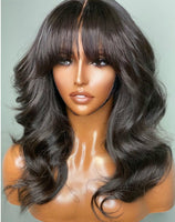 26 Inch Long Body Wave Synthetic Machine Wig With Bangs High Temperature Fiber