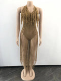 Knit Rib Tassel Bodysuit Rompers Sexy Fishnet Halter Lace Up V Neck - Divine Diva Beauty