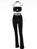 Sexy Two Piece Set Black White Crop Top and Runched Flare Pants Suits