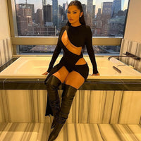 Black Cut Out Long Sleeve Bodysuits and Bandage Mini Skirts Two Piece Sets