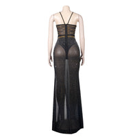 Rhinestones Black Mesh See High Side Split Dress plus size avail