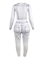 Plus Size Two Piece Set Gradient Pattern Print Skinny Pants Set  Autumn Women Slim Denim Outfits O Neck Long Sleeve top+Jeans