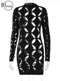 Sexy Bodycon Dress Long Sleeve O Neck Hollow Out Mini Dress