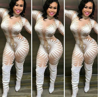 Tight Fitting Long Sleeved Printed Mesh Jumpsuit bodysuit plus size avail