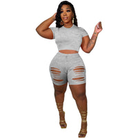 Workout Women Outfit Sweatsuit Mini Tee Top and Hole Shorts Matching Set Street Basic Tracksuit