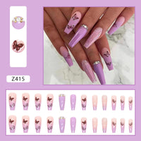 24pcs wearable ballet purple flower stripe french false nails with glue fake nails press on acrylic full cover stick on nails