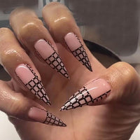 24pcs/set Long Stiletto Fake Nails Punk Snake Pattern Black White Matte False Nails Artificial Full Nail Tips Manicure Tools - Divine Diva Beauty