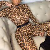 Leopard Print O Neck Jumpsuit Long Sleeve High Waist Sheer Mesh bodysuit