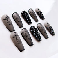 Black Long Ballerina False Nails with Design Butterfly Coffin Fake Nail Tips Press On Nails Rhinestone Manicure Patches