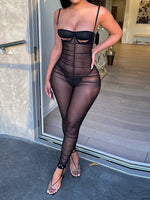 Sexy Mesh Bodycon Camisoles Backless Hollow Transparent Low-cut High Waist Nightclub Bar High Street Fashion Jumpsuit BODYSUIT