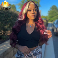 Wine Red With Blonde highlight Colored Body Wave Brazilian Human Hair Wig 13X6 Transparent Lace Frontal Wig Pre-Plucked