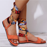 Women Bandage Gladiator Print Flat Shoes