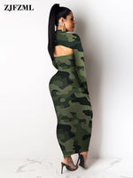 Camo Leopard Print Sexy 2 Piece Set Women Club Outfit High Neck Long Sleeve Crop Top and Strapless Open Back Bandage Maxi Dress