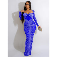 Solid Diamond Spaghetti Strap Sexy Night Party Maxi Dress long sleeve