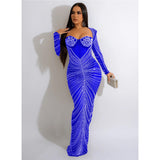 Solid Diamond Spaghetti Strap Sexy Night Party Maxi Dress long sleeve