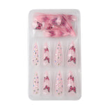 24Pcs Press On Nails Long Stiletto False Nails With Glue Pink Butterfly Cloud Rhinestones Design Acrylic Fake Nail Detachable