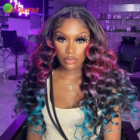 Ombre highlight Pink Blue Colored Loose Wave Hair Wig 13x6 Lace Frontal Wig Transparent 5x5 Lace Closure Human Hair Wigs