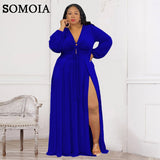 Plus Size avail Maxi Dresses for Women Long Sleeve V-Neck Slit Strap