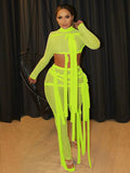 Ribbons Hipster Sheer Mesh Sexy Two Piece Set Women Turtleneck Crop shirt Top and Pants