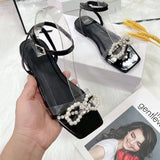 Sandals with Bow Pearl Flat Heels Rhinestone shoes