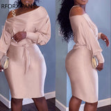 Women Chic Solid Glamorous Diagonal Collar Long Batwing Sleeves with Belt Bodycon Midi Sexy Formal Pink Dress