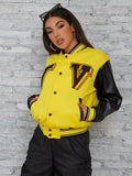 PU Jacket Baseball Women Leather Patchwork Letter Print Long Sleeve Streetwear Classic Coat outerwear