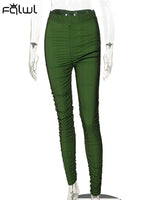 Streetwear Skinny Pants Women 2022 High Waist Casual Elastic Patchwork Ruched Green Pants Fashion Trousers Women