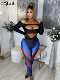 Two Piece Sets Outfits Long Sleeve Bodycon Bodysuit Patchwork Pants Suits Black Matching Set