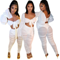 White 2 Piece Set Women Off Shoulder Flare Sleeve Crop Mesh See Through set