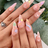 Stiletto False Nails Full Cover Nail Tips Almond Fake Nails With Heart Gold Line Pearl Design Press On Nails Full Cover Nail Tip