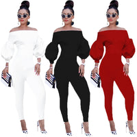 Solid Off The Shoulder Jumpsuits Autumn Half Lantern Sleeve Skinny One Piece Bodysuit