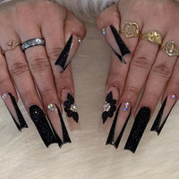 24pc Long Coffin Acrylic Fake Nails Wearable Ballerina Rhinestone Butterfly Glitter Full Cover Nail Tips Press On Nails