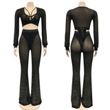 Two Piece Set Women Long Sleeve Mesh Sheer Crop Top and Rhinestone Flare Pants Matching Sets