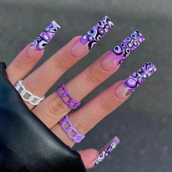 24Pcs Detachable Artificial Nails French Purple Grape Blue wave Design Long Ballet Coffin Press On Nail False Manicure Tips - Divine Diva Beauty
