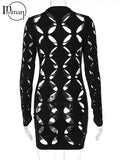 Sexy Bodycon Dress Long Sleeve O Neck Hollow Out Mini Dress