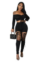 Off the Shoulder 2 Piece Set Women Sexy Long Sleeve Lace Up Ruched Crop Top Cut Out Lace Up Pants