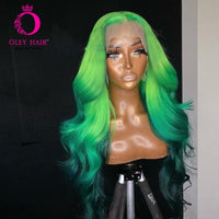 30 Inch Body Wave Ombre Green Colored Glueless Synthetic Lace Front Heat Resistant Preplucked