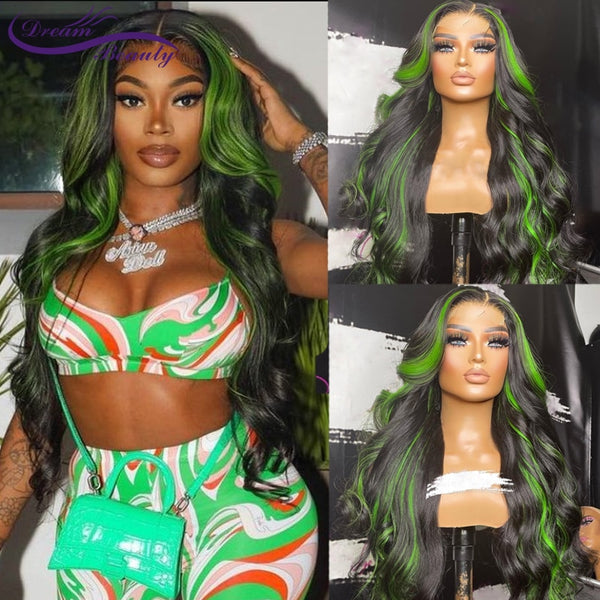 Ombre Green Human Hair Wig Green Highlight Lace Closure Wigs Wavy 180% Peruvian Colored 13*4 Lace Front Wigs - Divine Diva Beauty