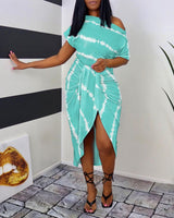 Tie Dye Print One Shoulder Wrap Midi Dress