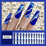 24pcs Long Ballet False Nail Full Cover Fake Nail Grey White Marble Design Nails Tip French Coffin Nails Press On Nails