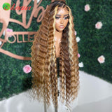 Ombre Brown With 613 Colored Deep Wave 13x6 Lace Front Wigs Highlights Blonde Transparent Lace Human Hair Wigs 30 Inch