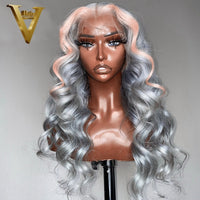 Grey Highlight Body Wave Lace Front Wig Light Pink Human Hair Wigs Brazilian Virgin 613 Transparent HD Lace Front Wig