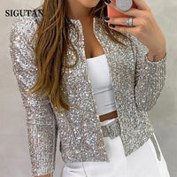 Sequin Jackets Women Glitter Long Sleeve Short Coats Outerwear